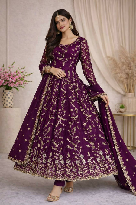 Teeya Creation Wine Color Faux Georgette Long Party Wear Gown