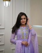 The52 Women's Beautiful Georgette Fabric Thread Work Flared Kurta Pant and Dupatta Set - Distacart