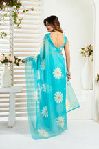 Vastranavya Sky Blue Digital Printed Linen Ready To Wear Designer Saree with Unstitched Blouse - Distacart