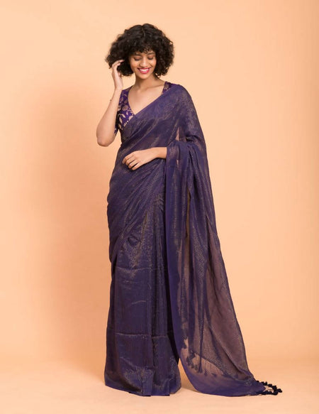 Suta Purple Woven Zari Striped Pure Handloom Cotton Saree