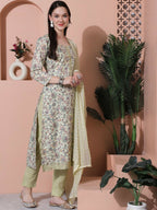 Jyoti Fashion Women's Green Cotton Floral Digital Printed Kurta with Trouser & Dupatta