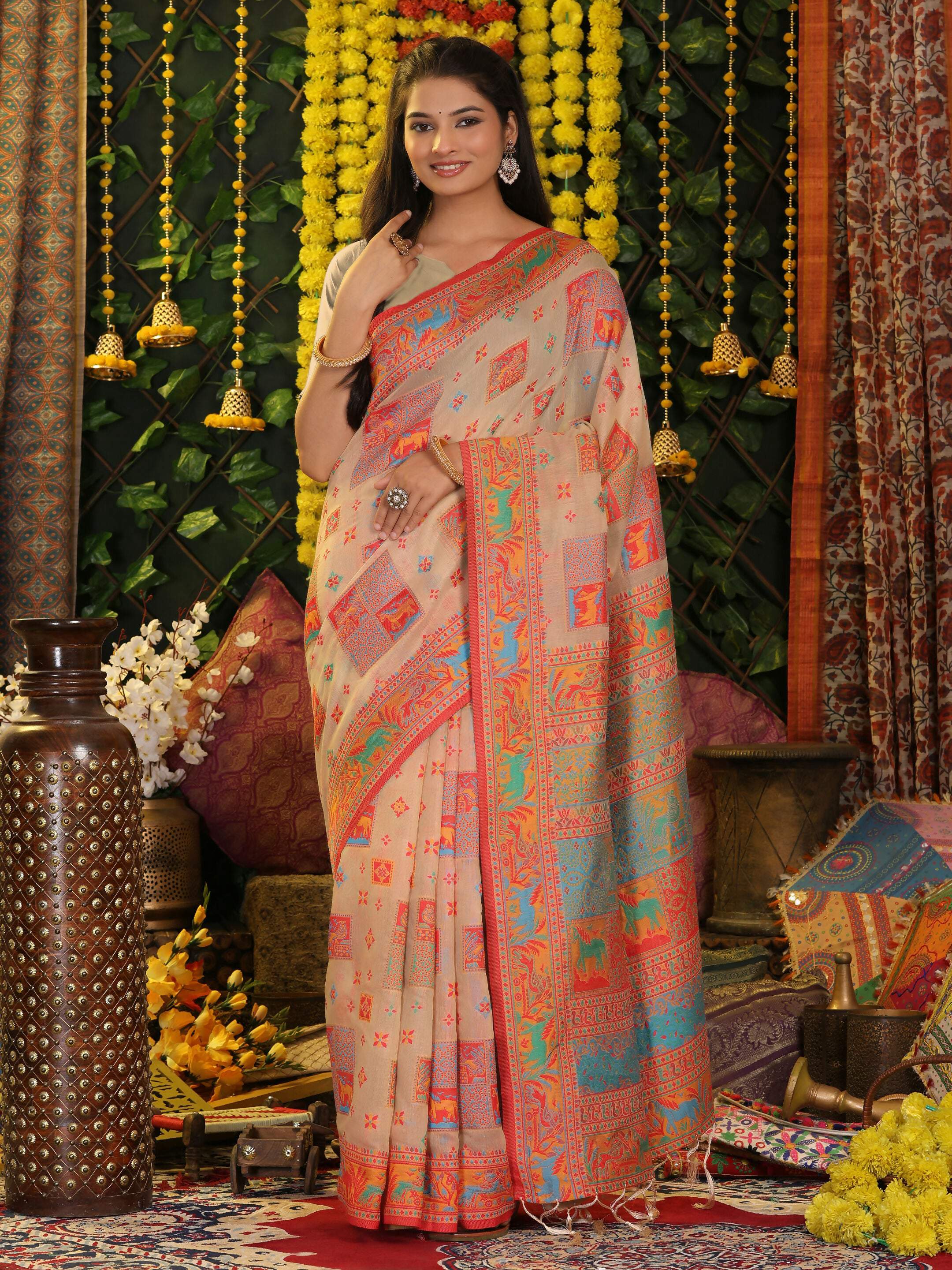 Shree Shyam Fashion Linen Cotton Off White Saree - Distacart