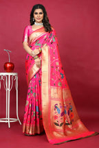 Jyoti Fashion Women's Pink Paithani Silk Zari Woven Saree with Blouse
