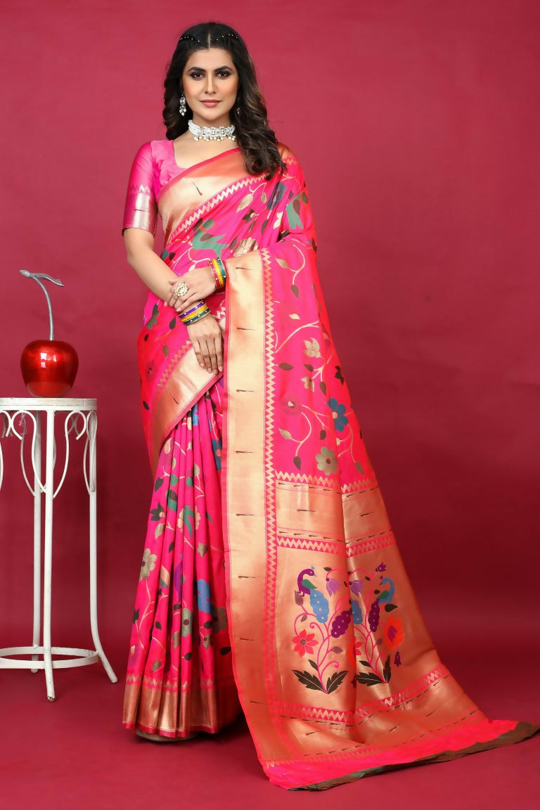 Jyoti Fashion Women's Pink Paithani Silk Zari Woven Saree with Blouse