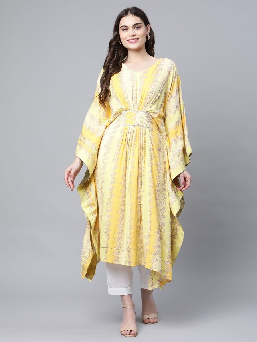 Ahalyaa Women Yellow Rayon Printed Flared Sleeve Kaftan Kurta - Distacart