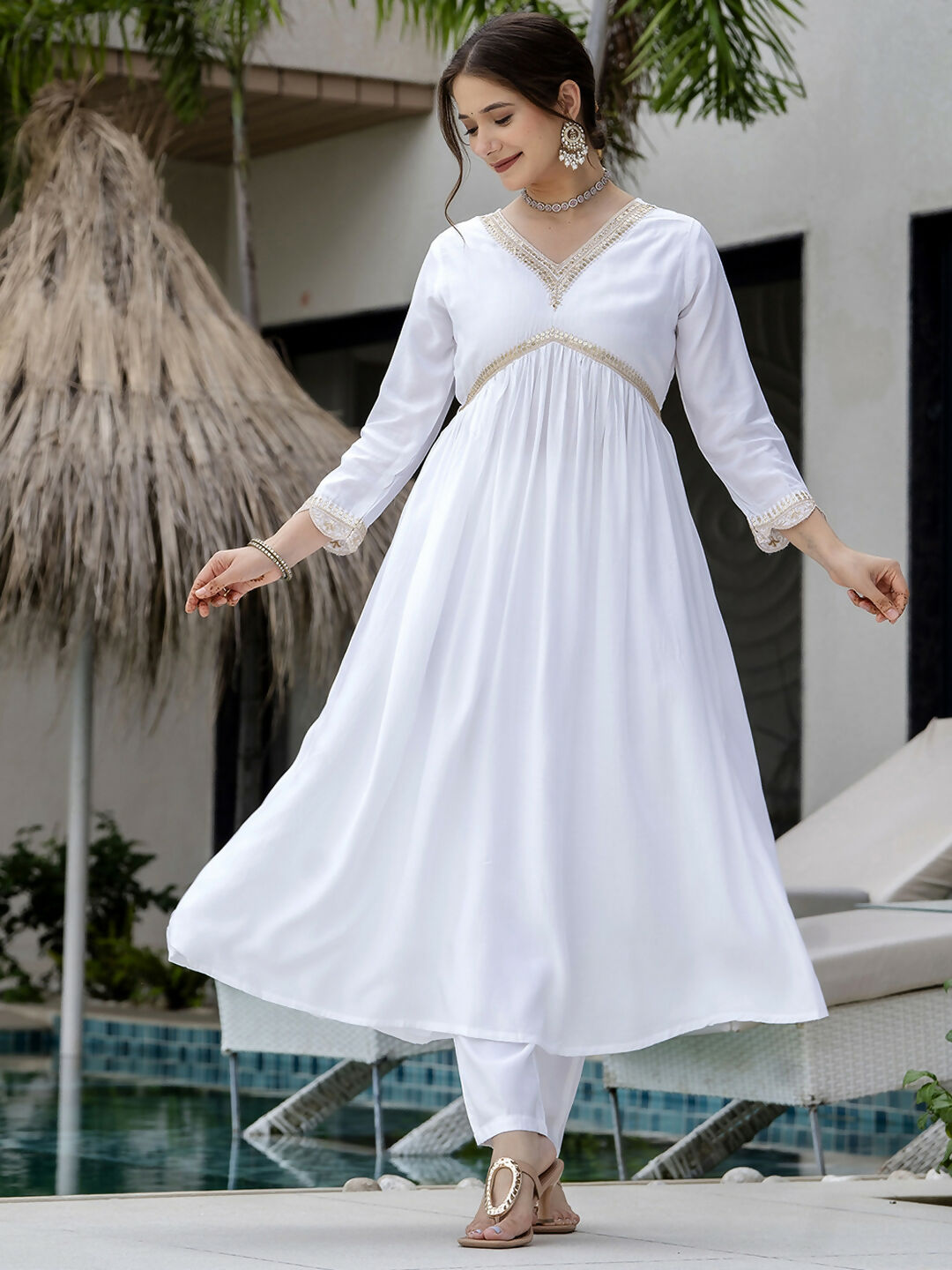 The52 White Women's Gorgeous Embroidered Chanderi Fabric Straight Kurta, Pant and Dupatta Set - Distacart