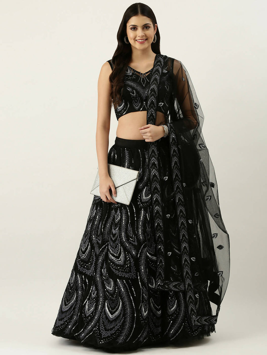 House of Panchhi Women Black Net Sequins Embroidered Lehenga & Blouse with Dupatta