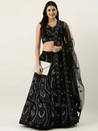 House of Panchhi Women Black Net Sequins Embroidered Lehenga & Blouse with Dupatta