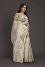 Off White Pure Raw Silk Zari Woven Saree with Unstitched Blouse Piece - Alisha