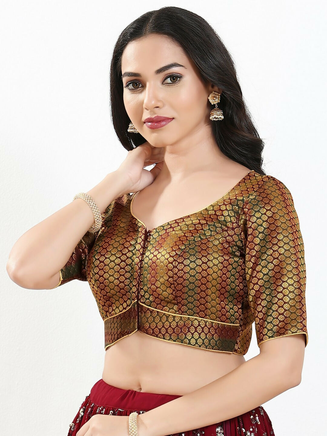 Joban Fashion Dark Maroon Brocade Padded Blouse With Sweetheart Neck Elbow Sleeves - Distacart