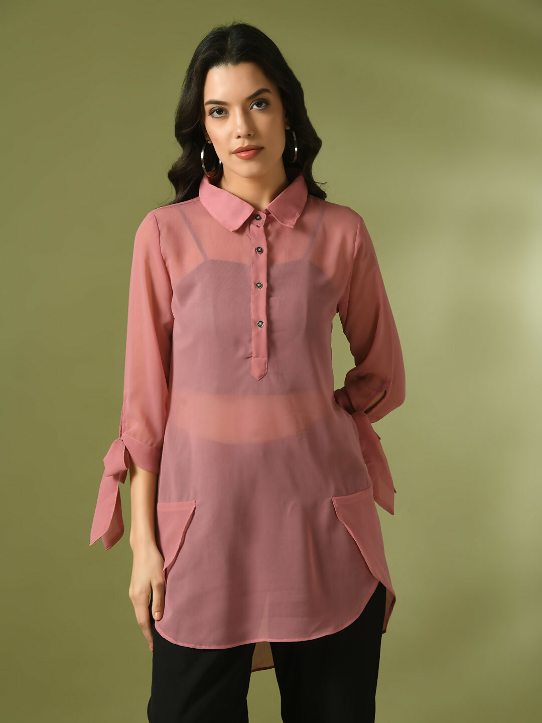 Myshka Women's Pink Solid Georgette Longline Party Sheer Tunic