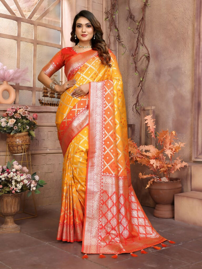 Anaita Yellow kochi Silk With Beautiful Checks Weaving Saree With Blouse