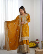 Joban Fashion Mustard Kurta Set Silk Sequins , Zari, Coding & Thread Embroidered work - Distacart