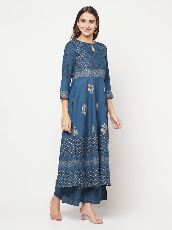 Aniyah Rayon Block Print Blue Anarkali Kurta