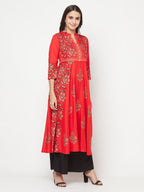 Aniyah Rayon Block Print Red Anarkali Kurta