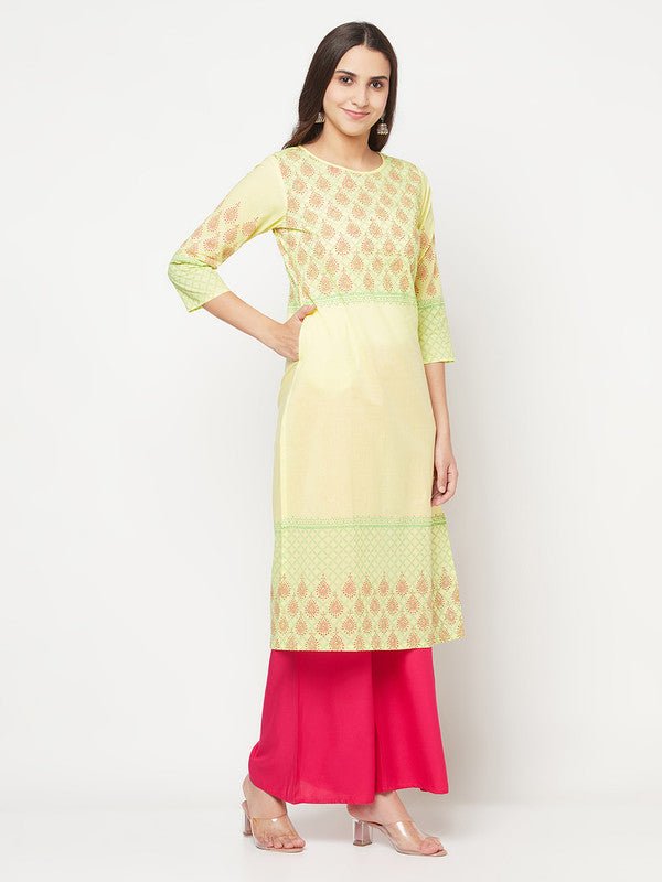 Aniyah Cotton Block Print Lemon Yellow Straight Kurta