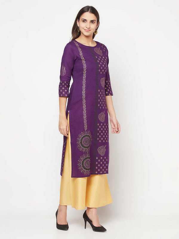 Aniyah Cotton Foil Print Purple Straight Kurta