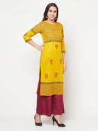 Aniyah Mustard Cotton Block Print Straight Kurta