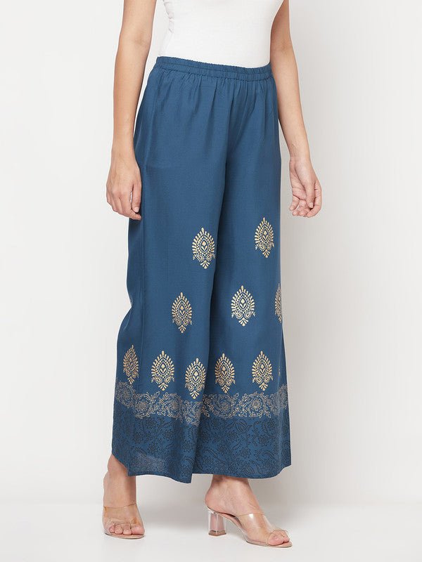 Aniyah Rayon Block Print Flared Slip-on Blue Palazzo
