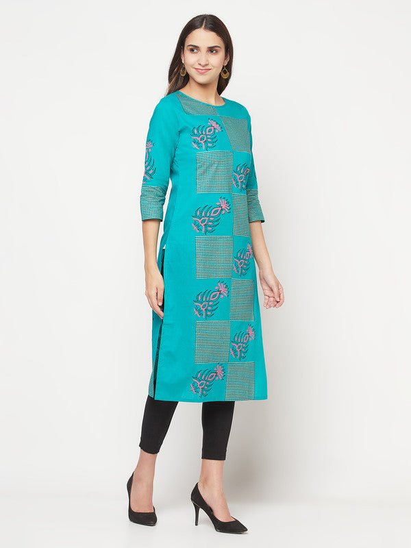 Aniyah Cotton Block Print Turquoise Straight Kurta