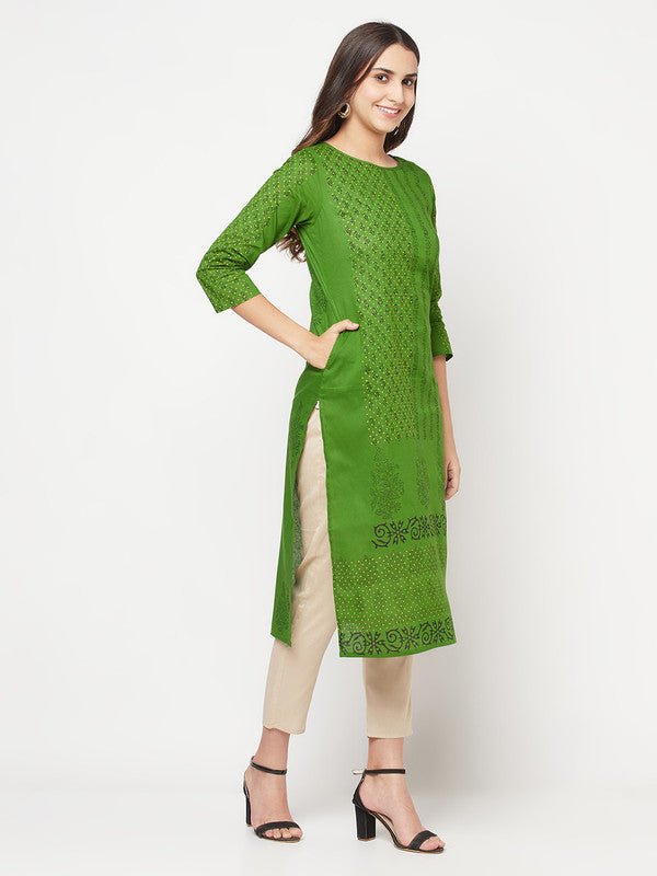 Aniyah Green Cotton Block print straight kurta