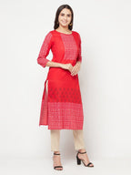 Aniyah Cotton Block Print Red Straight Kurta