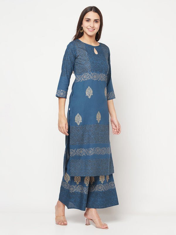 Aniyah Rayon Block Print Straight Blue Kurta