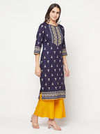 Aniyah Rayon Screen Print Navy Blue Straight Kurta