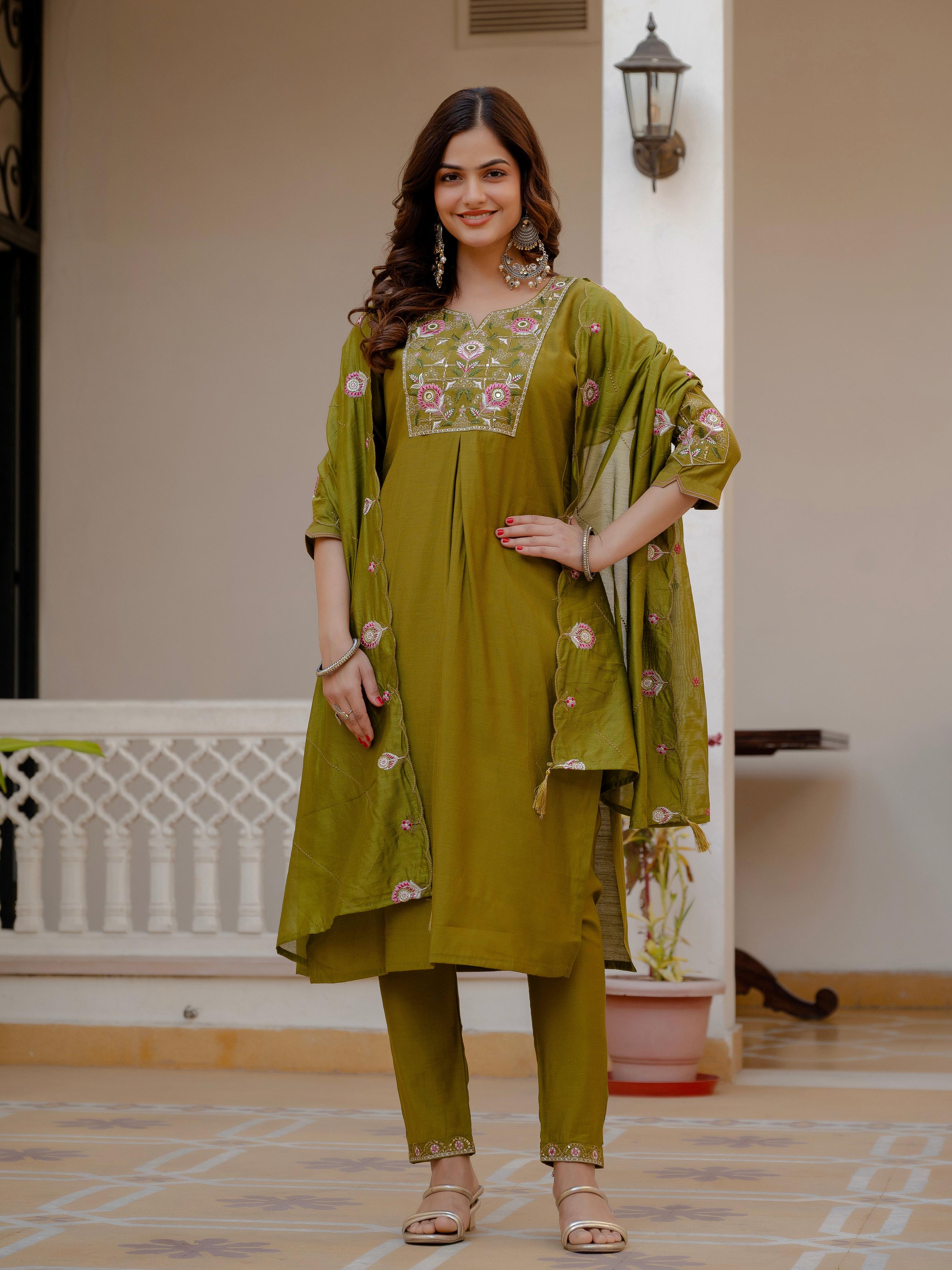 Pramukh Fab Mehendi Green Color Viscose Mango Silk Kurta Set - Distacart