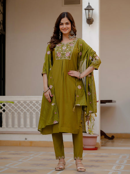 Pramukh Fab Mehendi Green Color Viscose Mango Silk Kurta Set