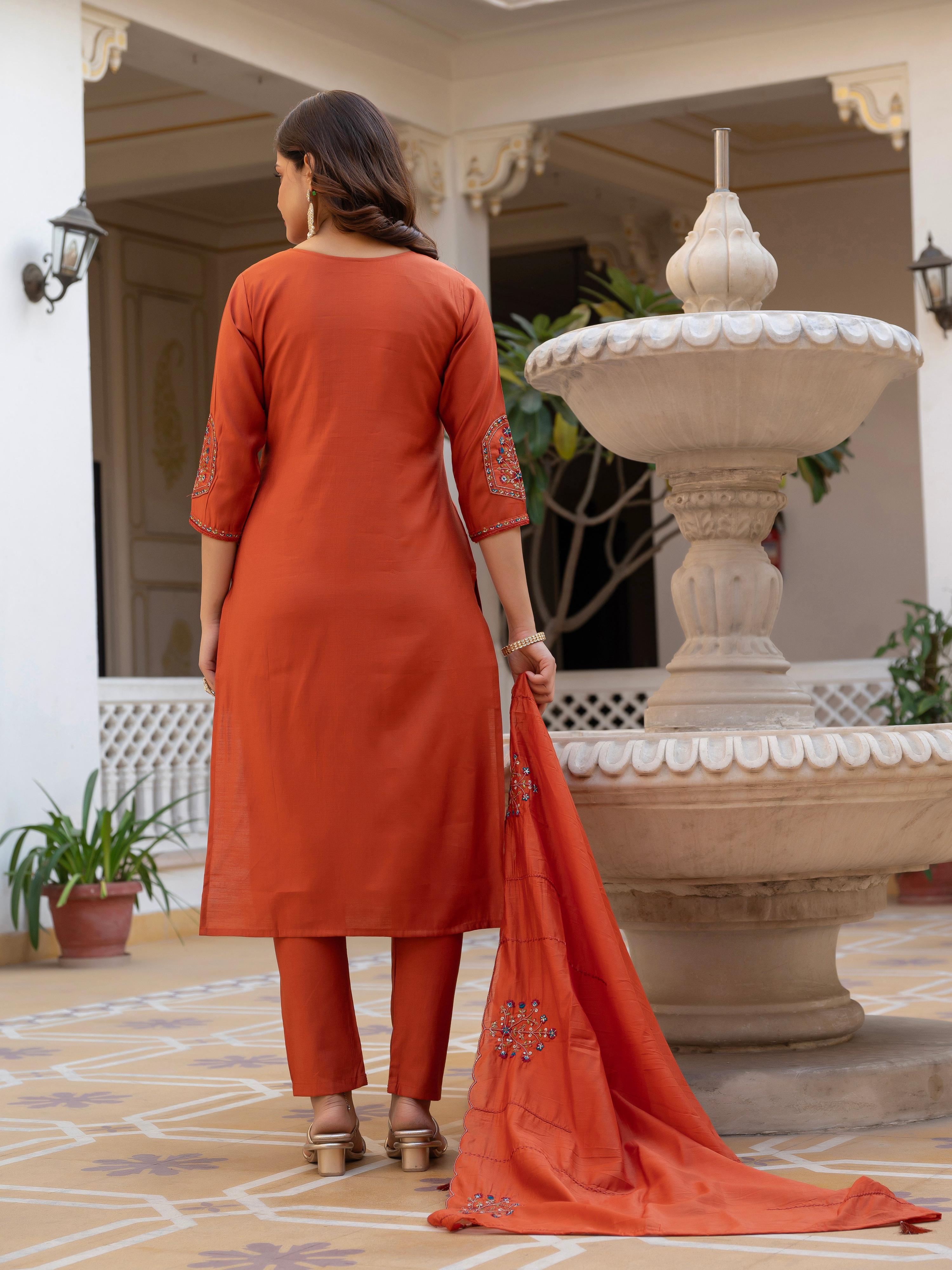 Pramukh Fab Orange Color Viscose Mango Silk Kurta Set - Distacart
