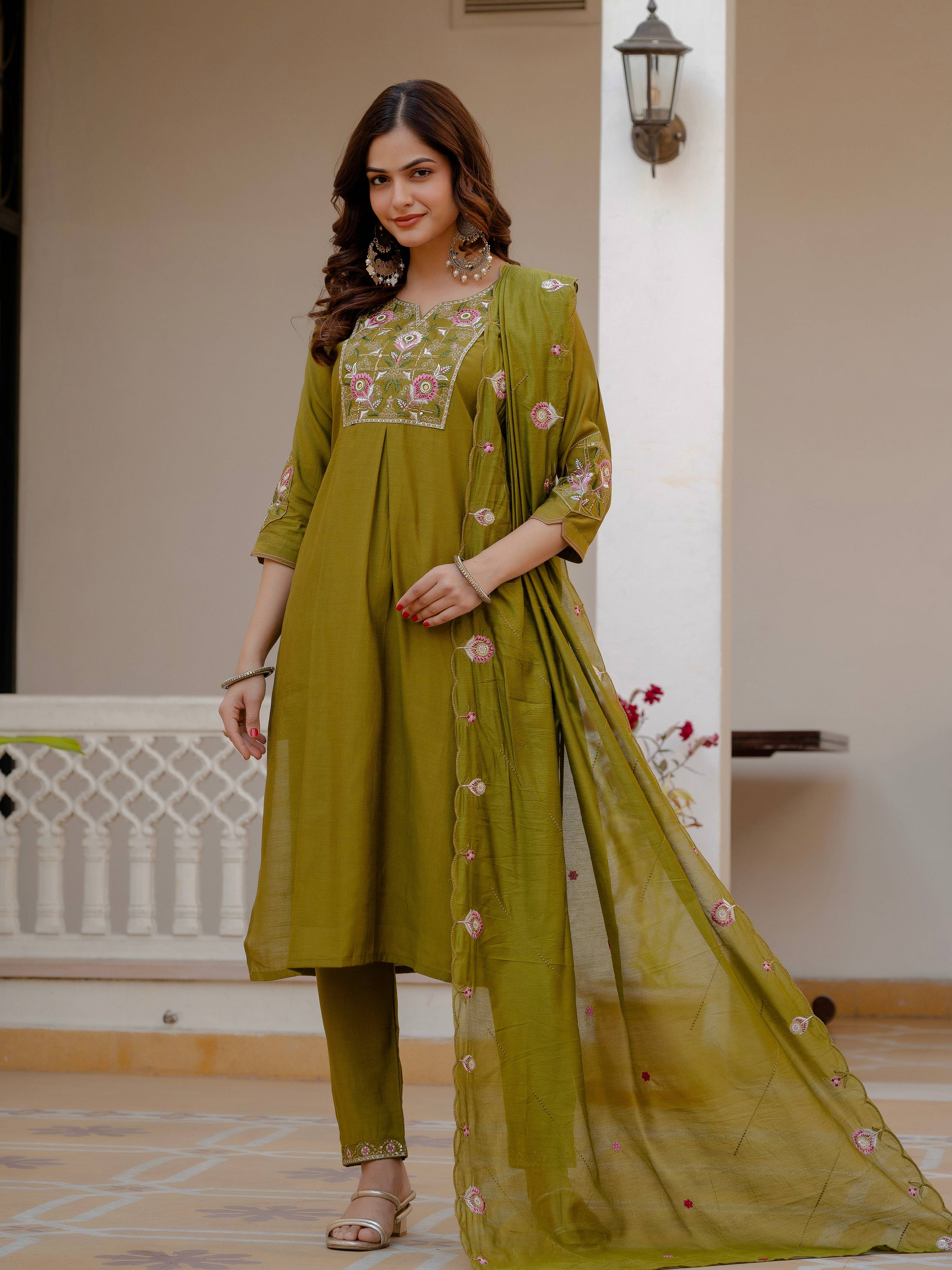 Pramukh Fab Mehendi Green Color Viscose Mango Silk Kurta Set - Distacart