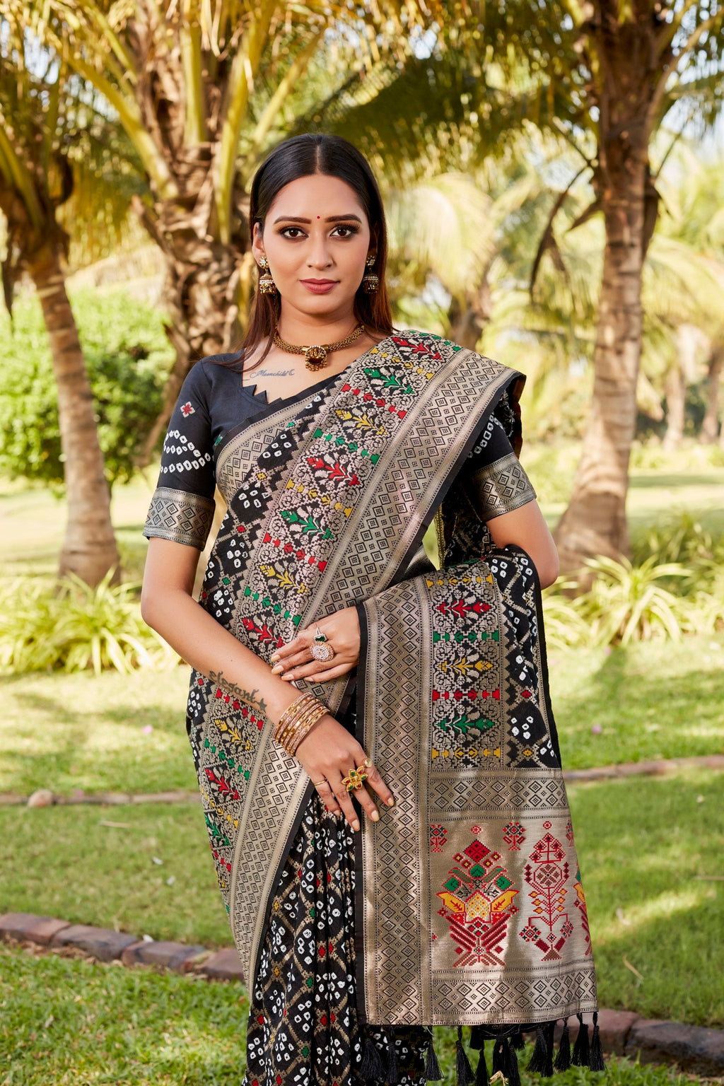 Anaita Black Woven Design Pure Gharchola Bandhej Silk Saree With Blouse - Distacart