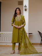 Pramukh Fab Mehendi Green Color Viscose Mango Silk Kurta Set - Distacart