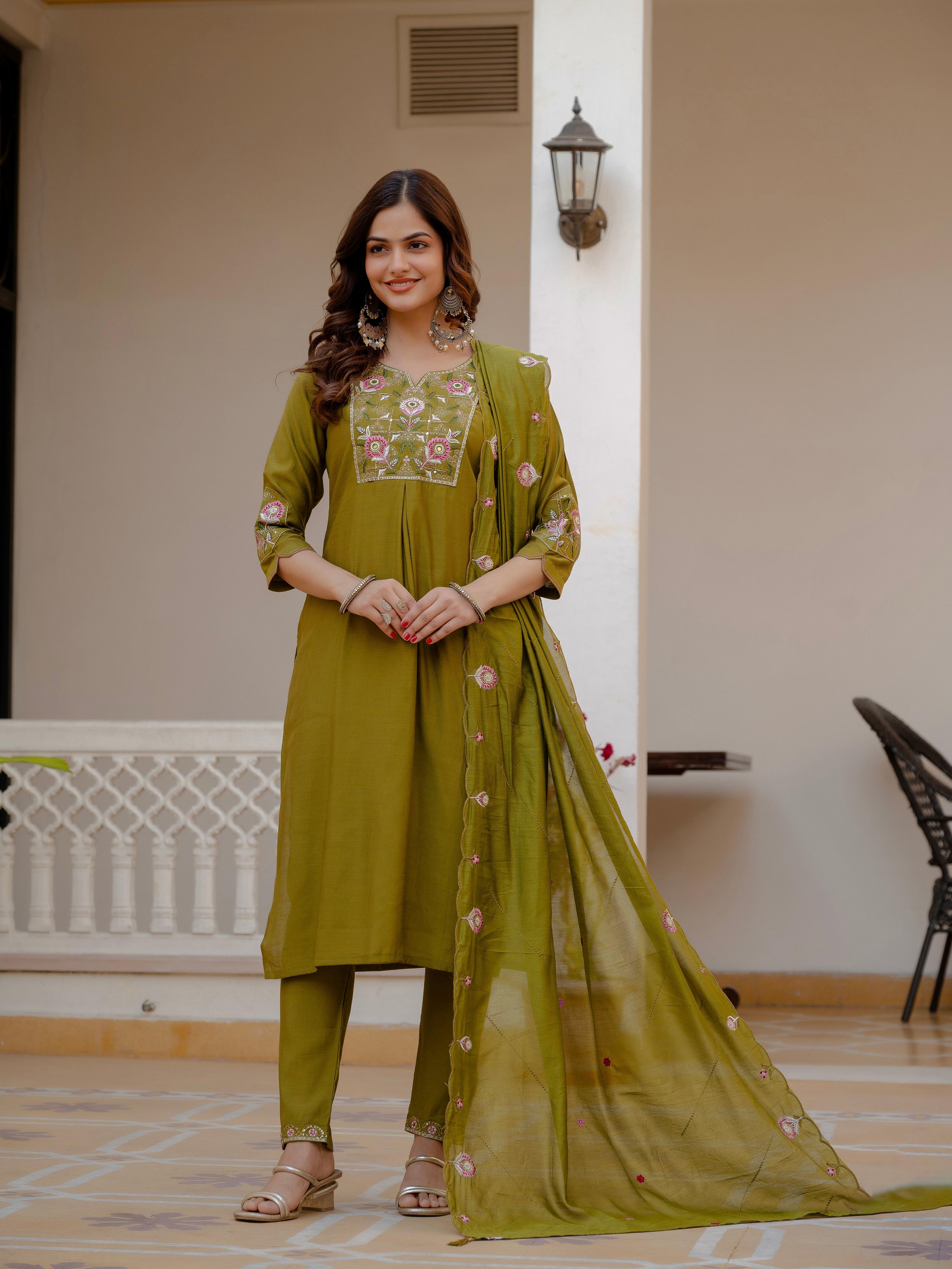 Pramukh Fab Mehendi Green Color Viscose Mango Silk Kurta Set - Distacart