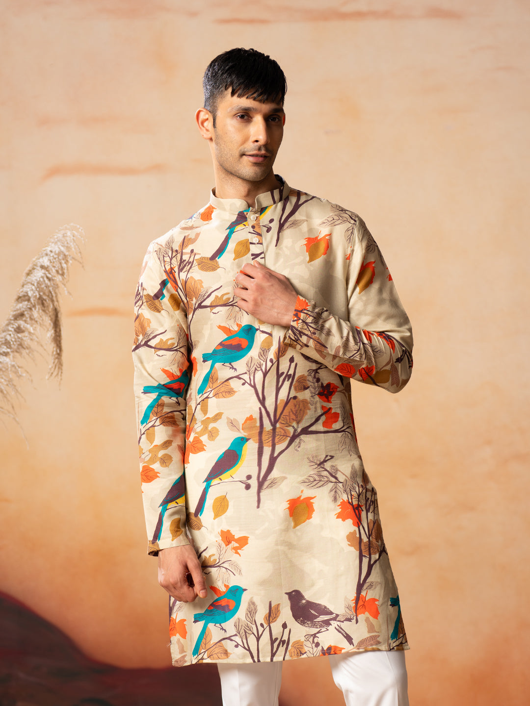 Serenity Bird Themed Print Cotton Kurta by Hilo Design