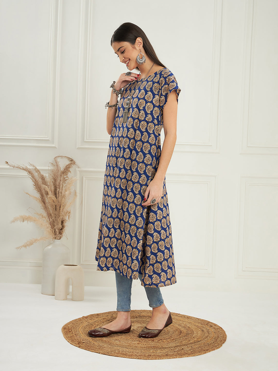 InWeave Women's Ink Blue Small Paisley Kalamkari A Line Dress