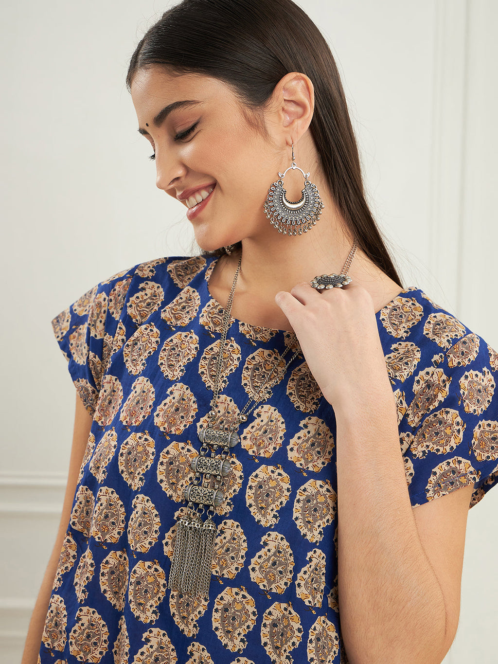 InWeave Women's Ink Blue Small Paisley Kalamkari A Line Dress