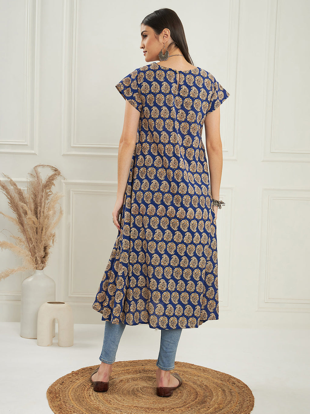 InWeave Women's Ink Blue Small Paisley Kalamkari A Line Dress