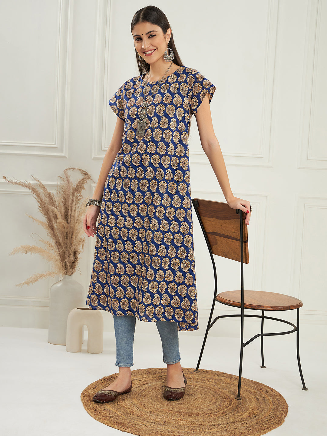 InWeave Women's Ink Blue Small Paisley Kalamkari A Line Dress
