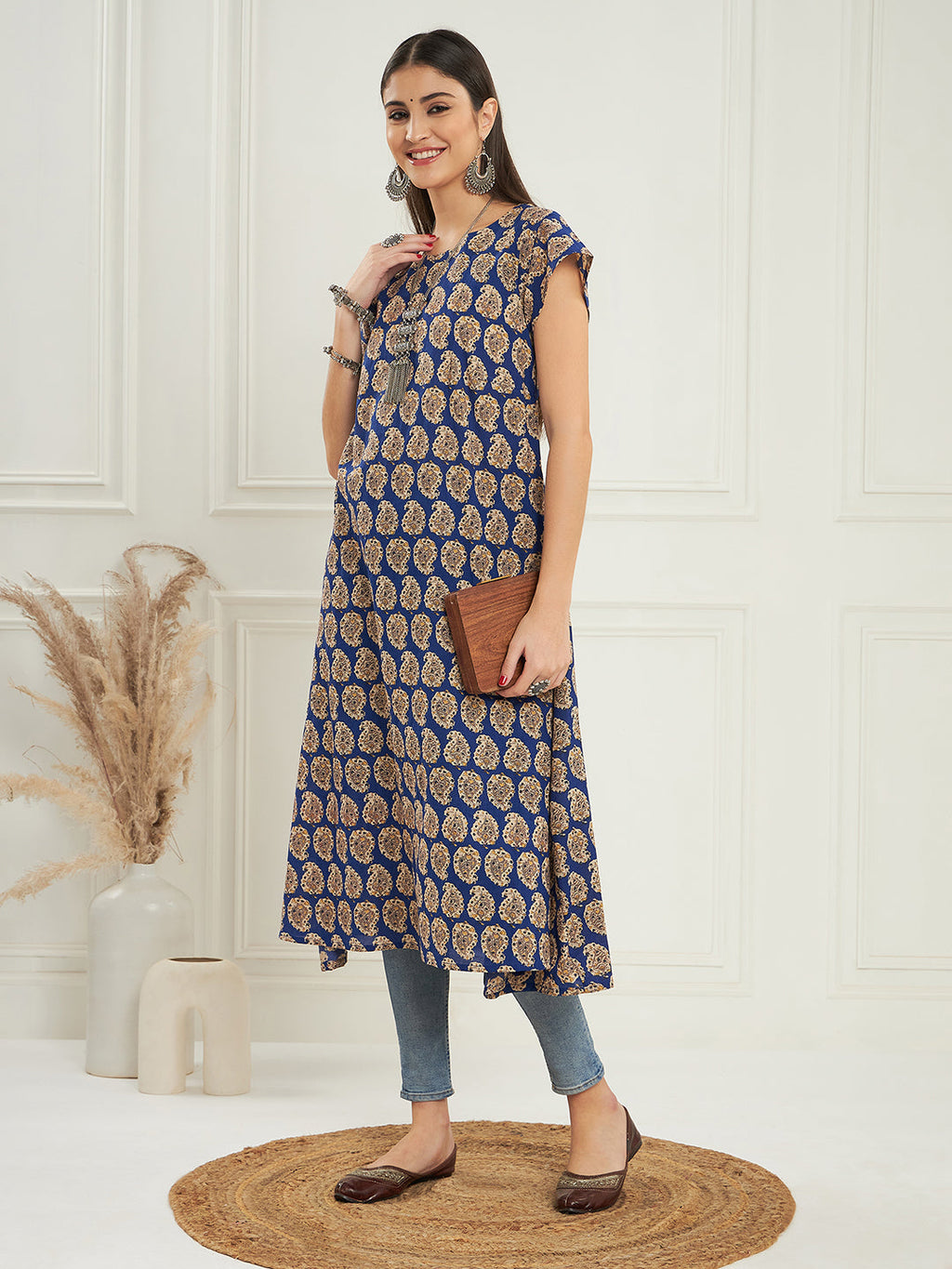 InWeave Women's Ink Blue Small Paisley Kalamkari A Line Dress