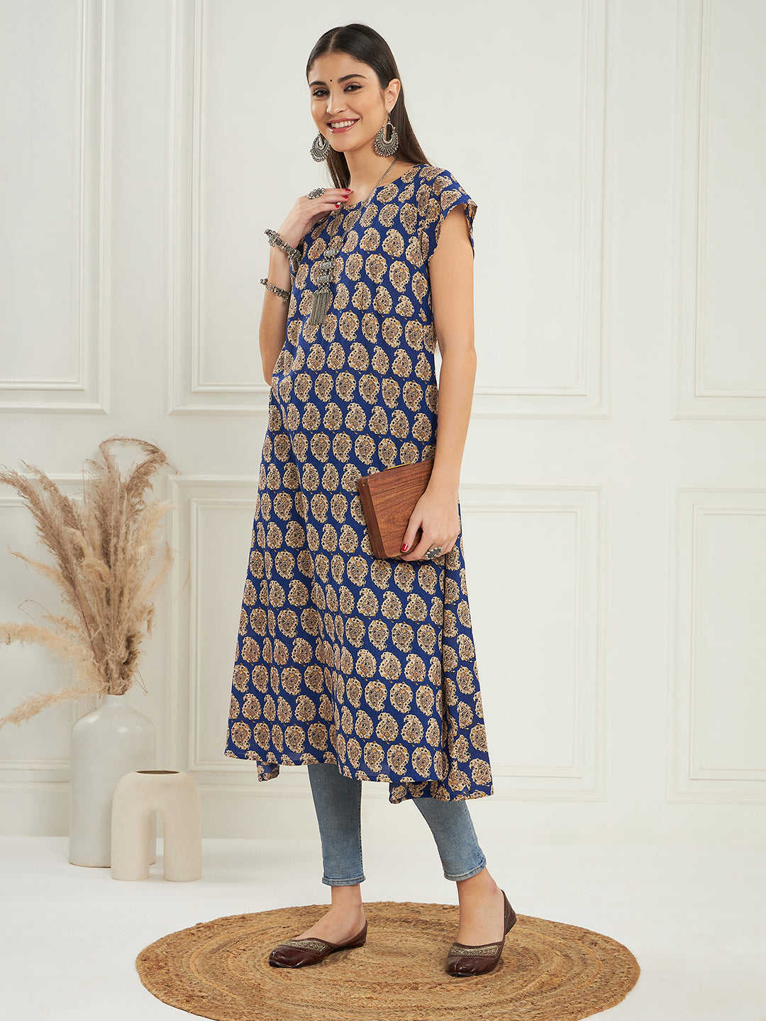 InWeave Women's Ink Blue Small Paisley Kalamkari A Line Dress