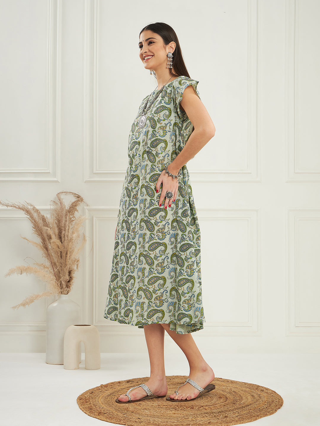 InWeave Women's Sage Green Paisley Print A Line Dress - Distacart