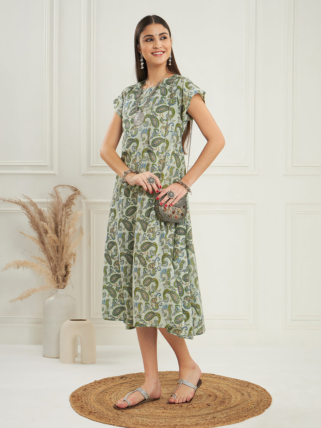 InWeave Women's Sage Green Paisley Print A Line Dress - Distacart