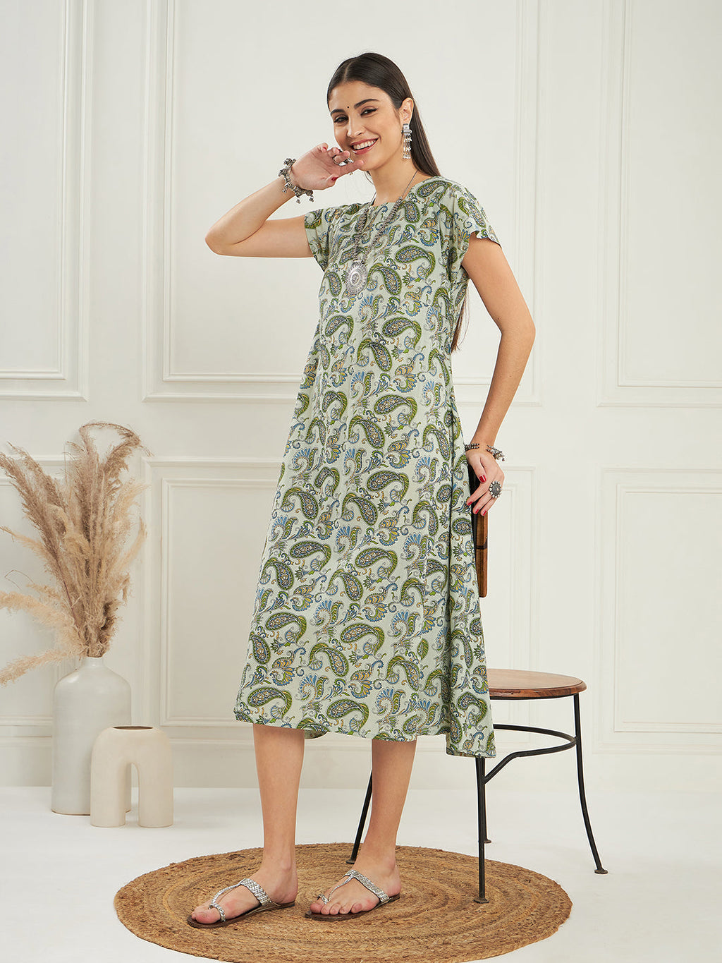 InWeave Women's Sage Green Paisley Print A Line Dress - Distacart