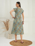 InWeave Women's Dull Green Leaf Floral Print A Line Dress - Distacart