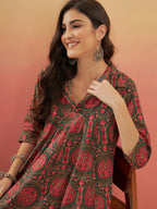 InWeave Women's Green Red Mughal Kalamkari Flared Dress - Distacart