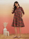 InWeave Women's Green Red Mughal Kalamkari Flared Dress - Distacart
