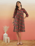 InWeave Women's Green Red Mughal Kalamkari Flared Dress - Distacart