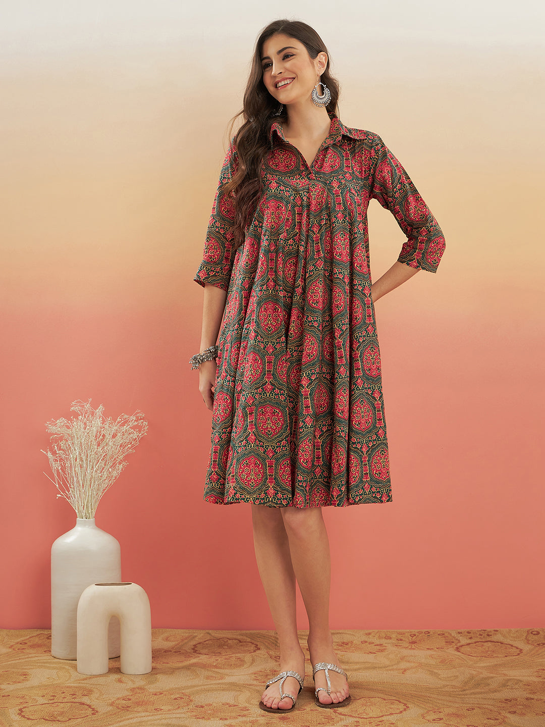 InWeave Women's Green Red Mughal Kalamkari Flared Dress - Distacart